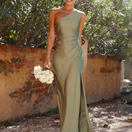 WW | Kleid Brautjungfer aus Satin Eng mit Schlitz An Der Seite Eine Schulter Ohne Ärmel Elegantes Abendkleid für Hochzeit