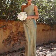 WW | Kleid Brautjungfer aus Satin Eng mit Schlitz An Der Seite Eine Schulter Ohne Ärmel Elegantes Abendkleid für Hochzeit