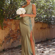 WW | Kleid Brautjungfer aus Satin Eng mit Schlitz An Der Seite Eine Schulter Ohne Ärmel Elegantes Abendkleid für Hochzeit