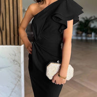 WW | Enganliegendes Brautjungfernkleid mit Einem Träger Spalt Überlagerte Rüschen Ausschnitt Schleife Abendkleid