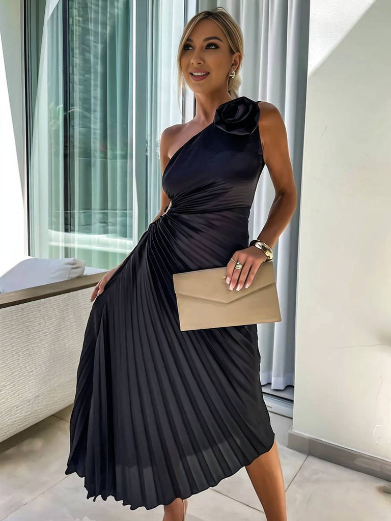 WW | Langes Ein-Schulter Plisseekleid Ärmellos Weiblich Elegant Casual Prom Strand
