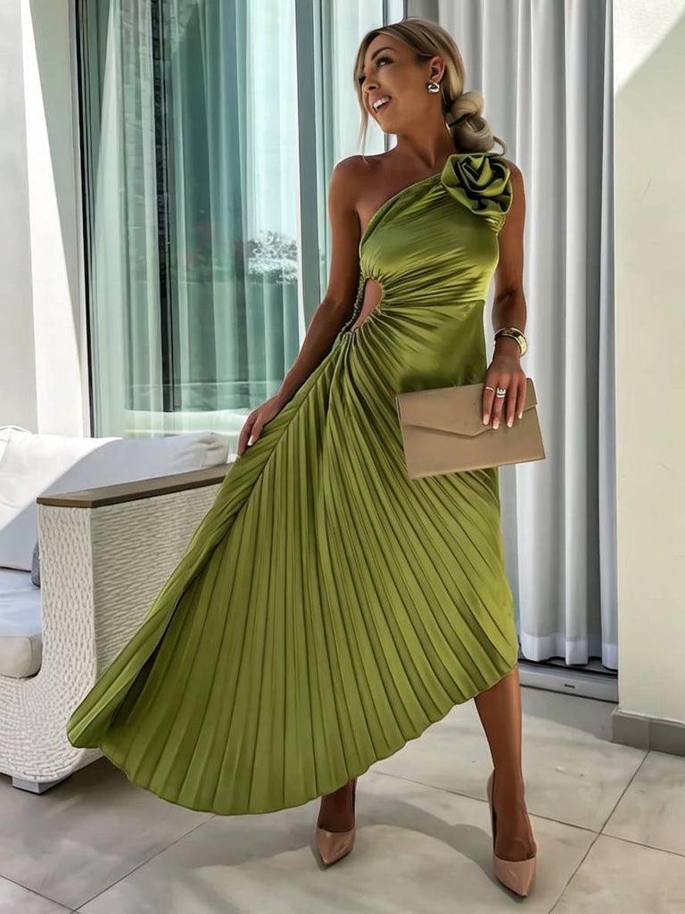WW | Langes Ein-Schulter Plisseekleid Ärmellos Weiblich Elegant Casual Prom Strand
