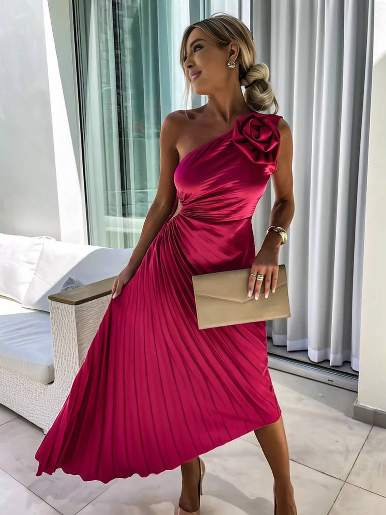 WW | Langes Ein-Schulter Plisseekleid Ärmellos Weiblich Elegant Casual Prom Strand
