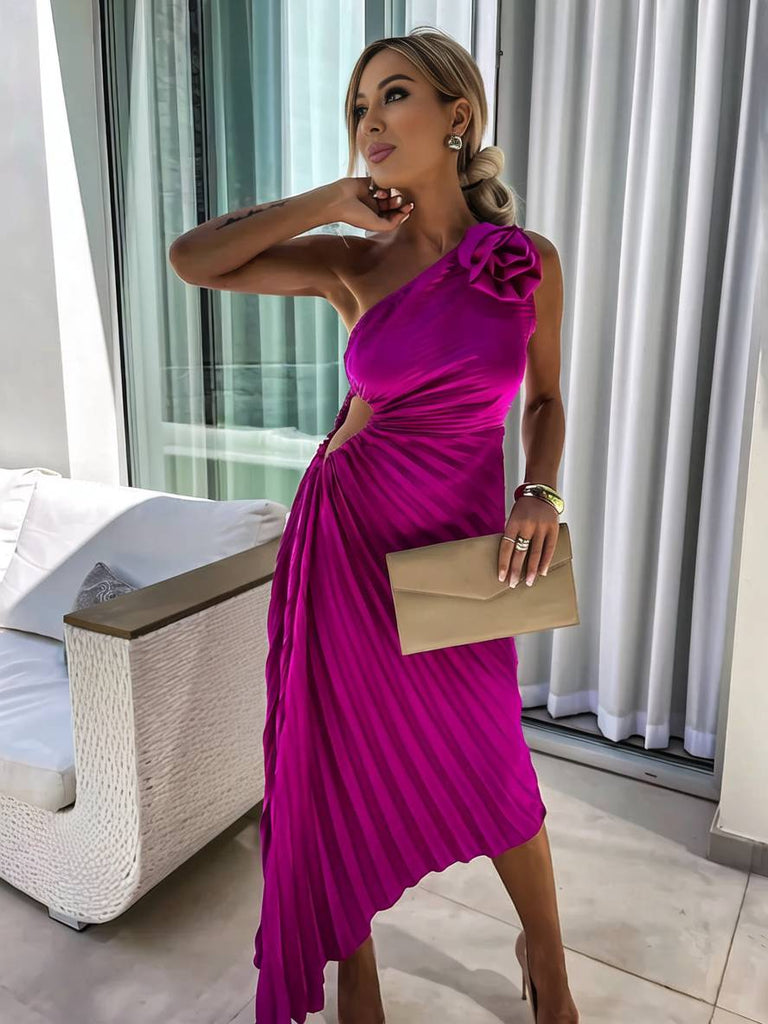 WW | Langes Ein-Schulter Plisseekleid Ärmellos Weiblich Elegant Casual Prom Strand