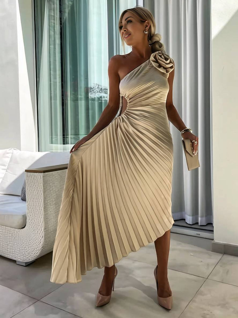 WW | Langes Ein-Schulter Plisseekleid Ärmellos Weiblich Elegant Casual Prom Strand