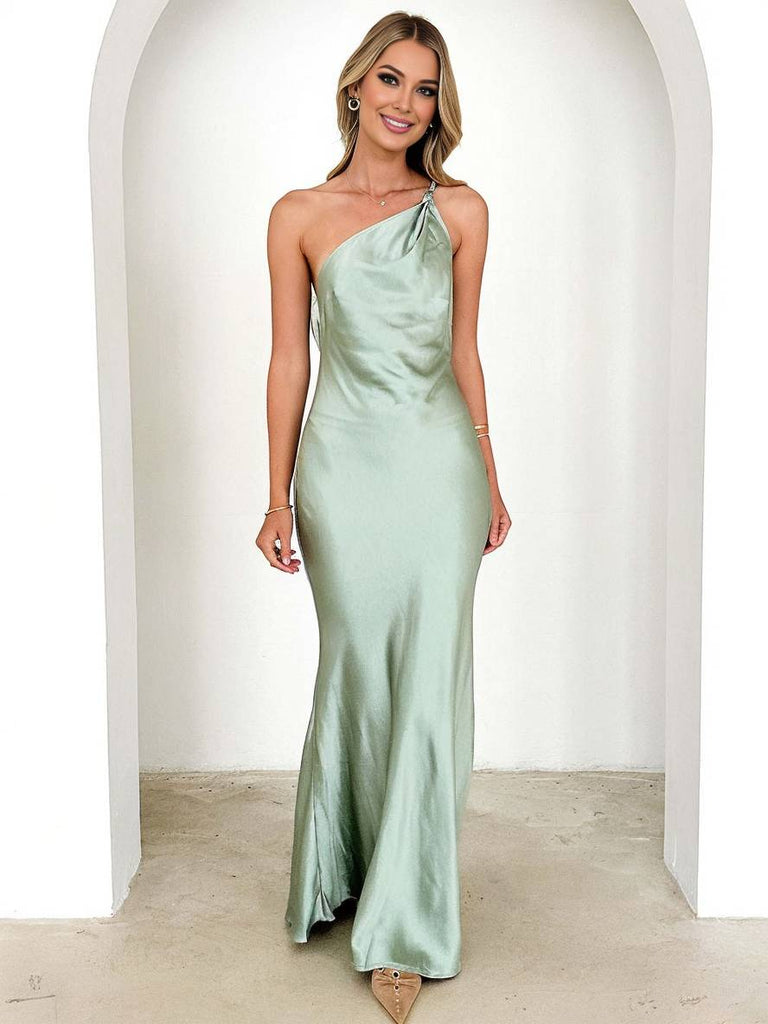 WW | Satin Brautjungfernkleid Rückenfrei mit Dünnen Trägern Ärmellos Elegantes Abendgesellschaft Hochzeitskleid