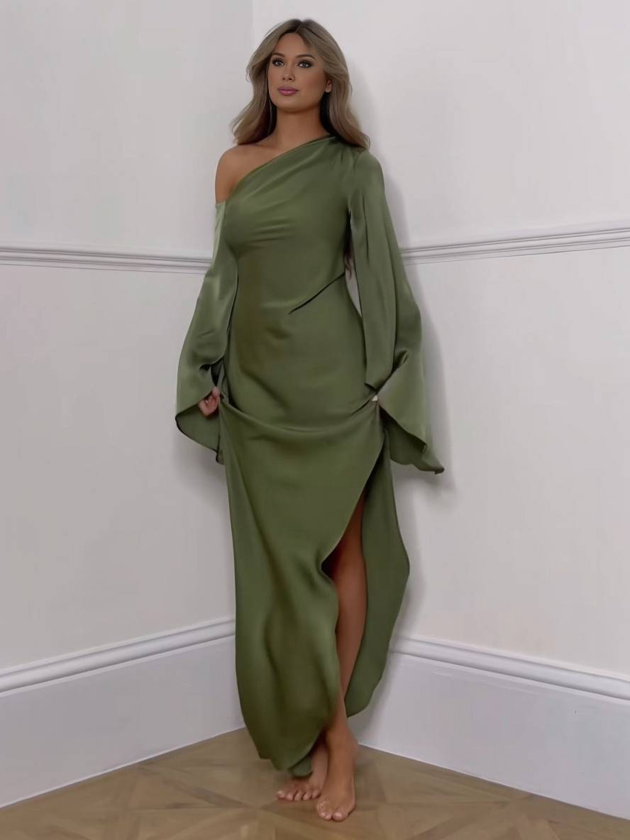 WW | Langes Ein Schulter Spaltenkleid Seide Trompetenärmel Lange Ärmel Damen Elegantes Abschlussballkleid