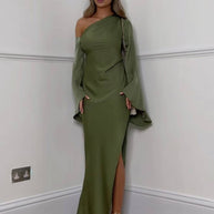 WW | Langes Ein Schulter Spaltenkleid Seide Trompetenärmel Lange Ärmel Damen Elegantes Abschlussballkleid