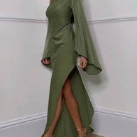 WW | Langes Ein Schulter Spaltenkleid Seide Trompetenärmel Lange Ärmel Damen Elegantes Abschlussballkleid