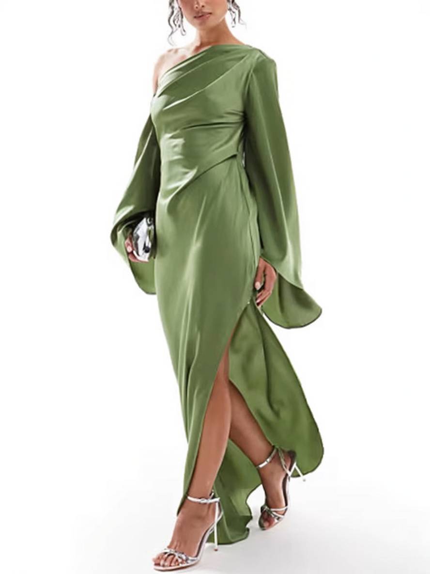 WW | Langes Ein Schulter Spaltenkleid Seide Trompetenärmel Lange Ärmel Damen Elegantes Abschlussballkleid