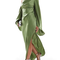 WW | Langes Ein Schulter Spaltenkleid Seide Trompetenärmel Lange Ärmel Damen Elegantes Abschlussballkleid