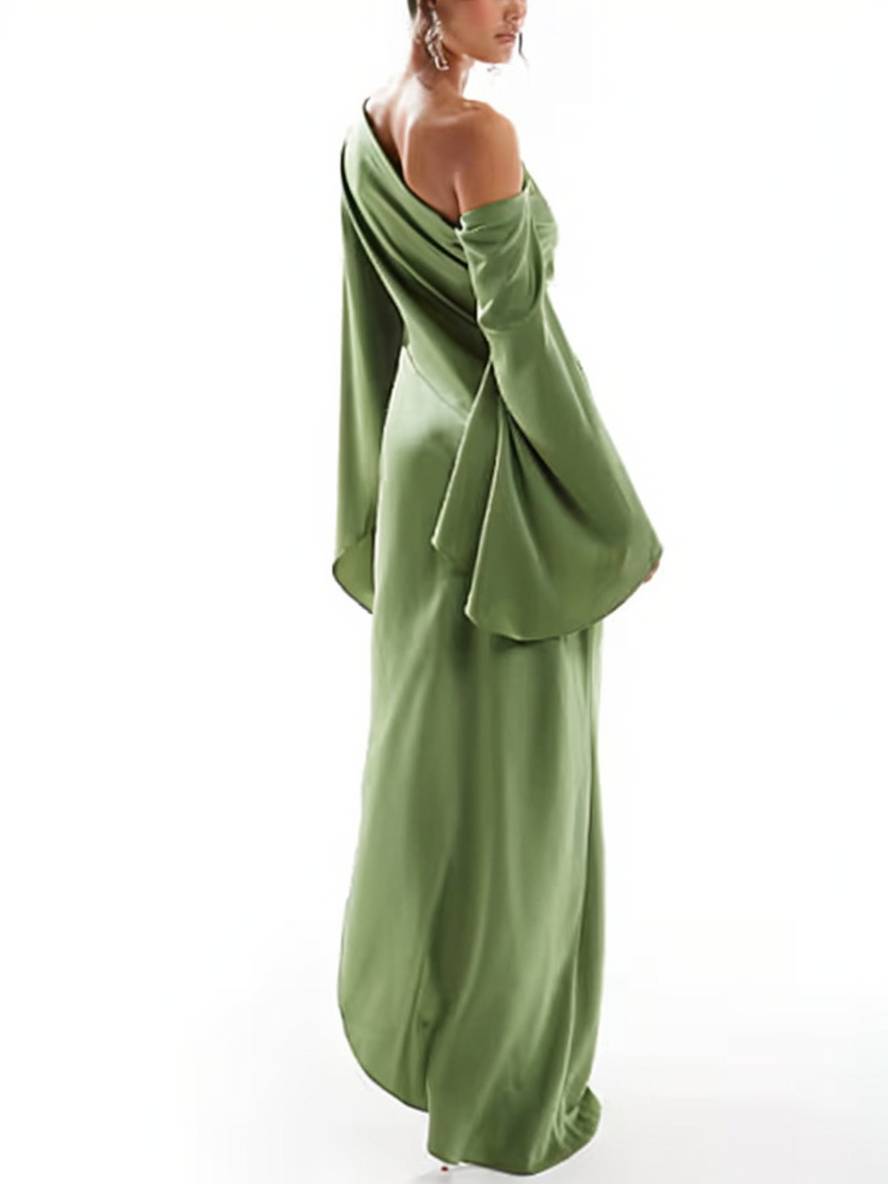 WW | Langes Ein Schulter Spaltenkleid Seide Trompetenärmel Lange Ärmel Damen Elegantes Abschlussballkleid