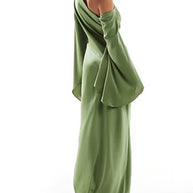 WW | Langes Ein Schulter Spaltenkleid Seide Trompetenärmel Lange Ärmel Damen Elegantes Abschlussballkleid