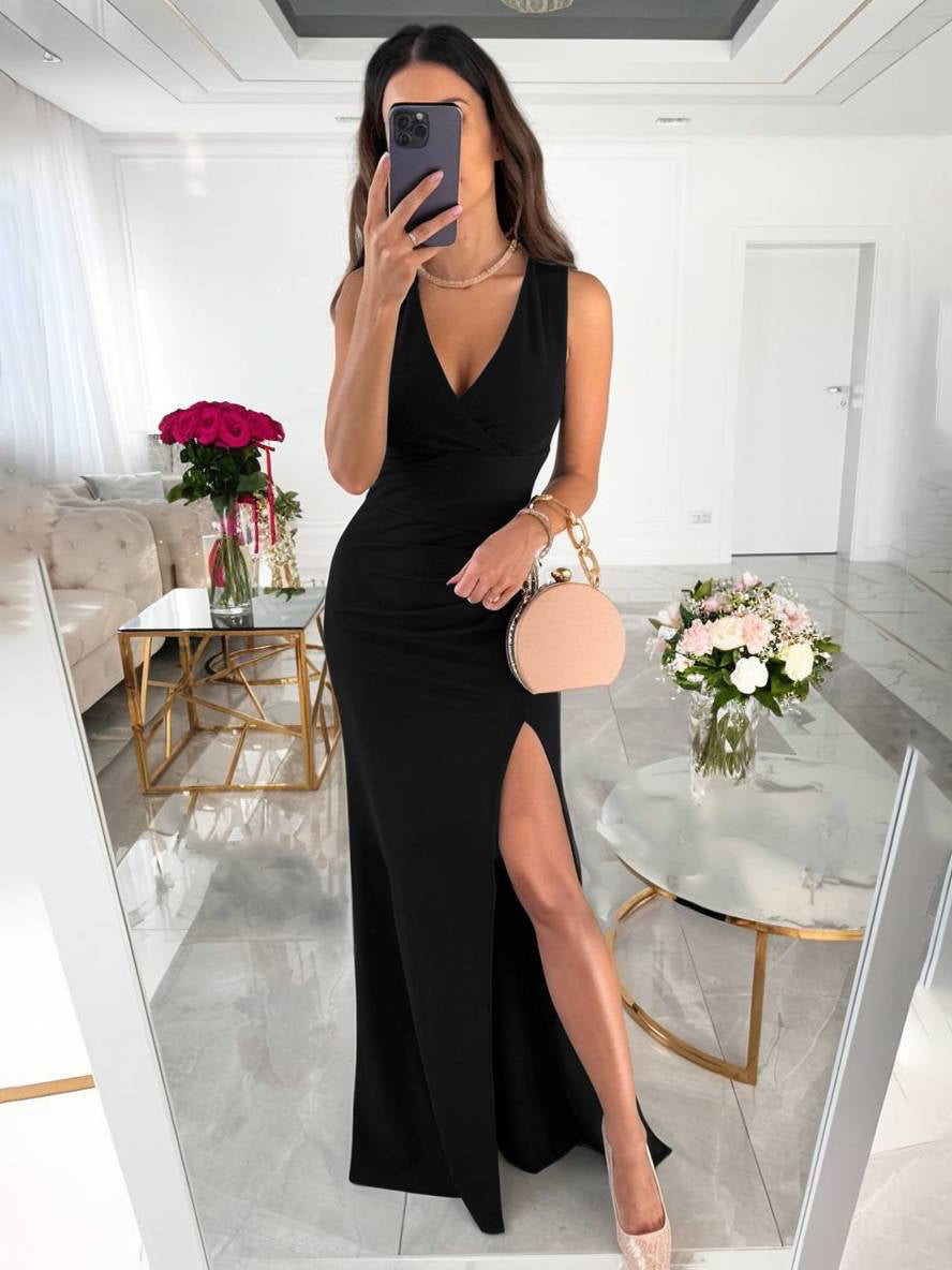 WW | V-Ausschnitt Kleid Langer Schlitz An Der Seite Ärmellos Frau Elegante Abend Gäste Hochzeit