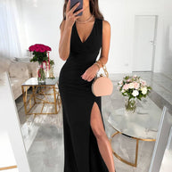 WW | V-Ausschnitt Kleid Langer Schlitz An Der Seite Ärmellos Frau Elegante Abend Gäste Hochzeit