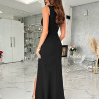 WW | V-Ausschnitt Kleid Langer Schlitz An Der Seite Ärmellos Frau Elegante Abend Gäste Hochzeit