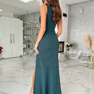 WW | V-Ausschnitt Kleid Langer Schlitz An Der Seite Ärmellos Frau Elegante Abend Gäste Hochzeit