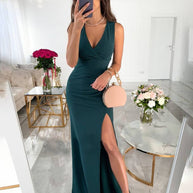 WW | V-Ausschnitt Kleid Langer Schlitz An Der Seite Ärmellos Frau Elegante Abend Gäste Hochzeit