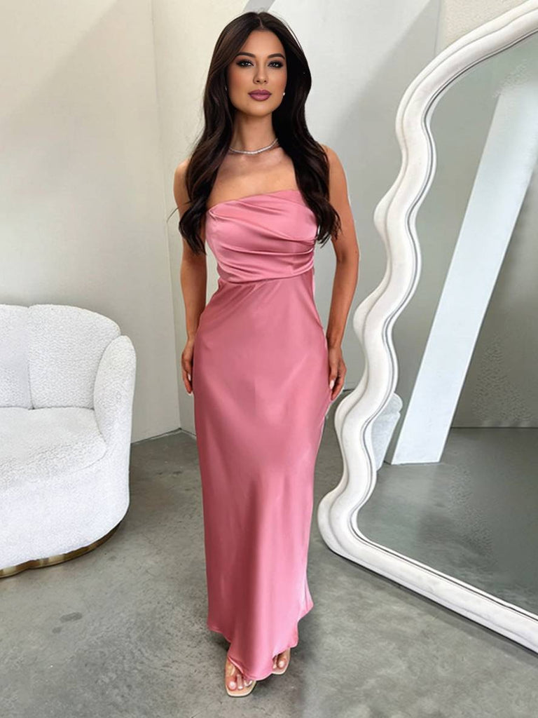 WW | Langes Satin Bustier Kleid Rückenfrei Ohne Ärmel Elegant Abend Gästekleid Hochzeit Ball Prom