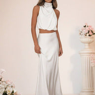 WW | Brautjungfernkleid Satin Rollkragen Ohne Ärmel Cropped Langer Rock Damen Elegant Trauzeugin Kleid