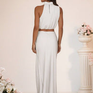 WW | Brautjungfernkleid Satin Rollkragen Ohne Ärmel Cropped Langer Rock Damen Elegant Trauzeugin Kleid