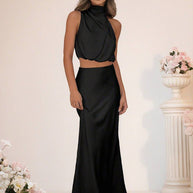 WW | Brautjungfernkleid Satin Rollkragen Ohne Ärmel Cropped Langer Rock Damen Elegant Trauzeugin Kleid