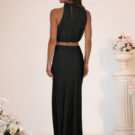 WW | Brautjungfernkleid Satin Rollkragen Ohne Ärmel Cropped Langer Rock Damen Elegant Trauzeugin Kleid