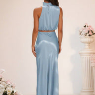 WW | Brautjungfernkleid Satin Rollkragen Ohne Ärmel Cropped Langer Rock Damen Elegant Trauzeugin Kleid