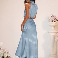 WW | Brautjungfernkleid Satin Rollkragen Ohne Ärmel Cropped Langer Rock Damen Elegant Trauzeugin Kleid