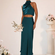 WW | Brautjungfernkleid Satin Rollkragen Ohne Ärmel Cropped Langer Rock Damen Elegant Trauzeugin Kleid