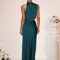 WW | Brautjungfernkleid Satin Rollkragen Ohne Ärmel Cropped Langer Rock Damen Elegant Trauzeugin Kleid