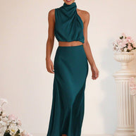 WW | Brautjungfernkleid Satin Rollkragen Ohne Ärmel Cropped Langer Rock Damen Elegant Trauzeugin Kleid