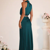 WW | Brautjungfernkleid Satin Rollkragen Ohne Ärmel Cropped Langer Rock Damen Elegant Trauzeugin Kleid