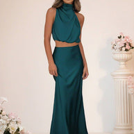 WW | Brautjungfernkleid Satin Rollkragen Ohne Ärmel Cropped Langer Rock Damen Elegant Trauzeugin Kleid