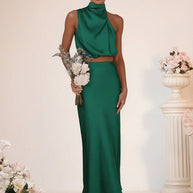 WW | Brautjungfernkleid Satin Rollkragen Ohne Ärmel Cropped Langer Rock Damen Elegant Trauzeugin Kleid