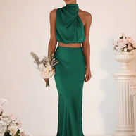 WW | Brautjungfernkleid Satin Rollkragen Ohne Ärmel Cropped Langer Rock Damen Elegant Trauzeugin Kleid