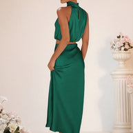 WW | Brautjungfernkleid Satin Rollkragen Ohne Ärmel Cropped Langer Rock Damen Elegant Trauzeugin Kleid