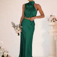 WW | Brautjungfernkleid Satin Rollkragen Ohne Ärmel Cropped Langer Rock Damen Elegant Trauzeugin Kleid