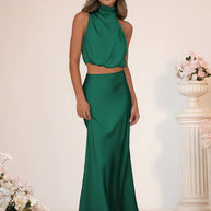 WW | Brautjungfernkleid Satin Rollkragen Ohne Ärmel Cropped Langer Rock Damen Elegant Trauzeugin Kleid