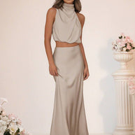 WW | Brautjungfernkleid Satin Rollkragen Ohne Ärmel Cropped Langer Rock Damen Elegant Trauzeugin Kleid