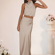 WW | Brautjungfernkleid Satin Rollkragen Ohne Ärmel Cropped Langer Rock Damen Elegant Trauzeugin Kleid