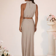 WW | Brautjungfernkleid Satin Rollkragen Ohne Ärmel Cropped Langer Rock Damen Elegant Trauzeugin Kleid