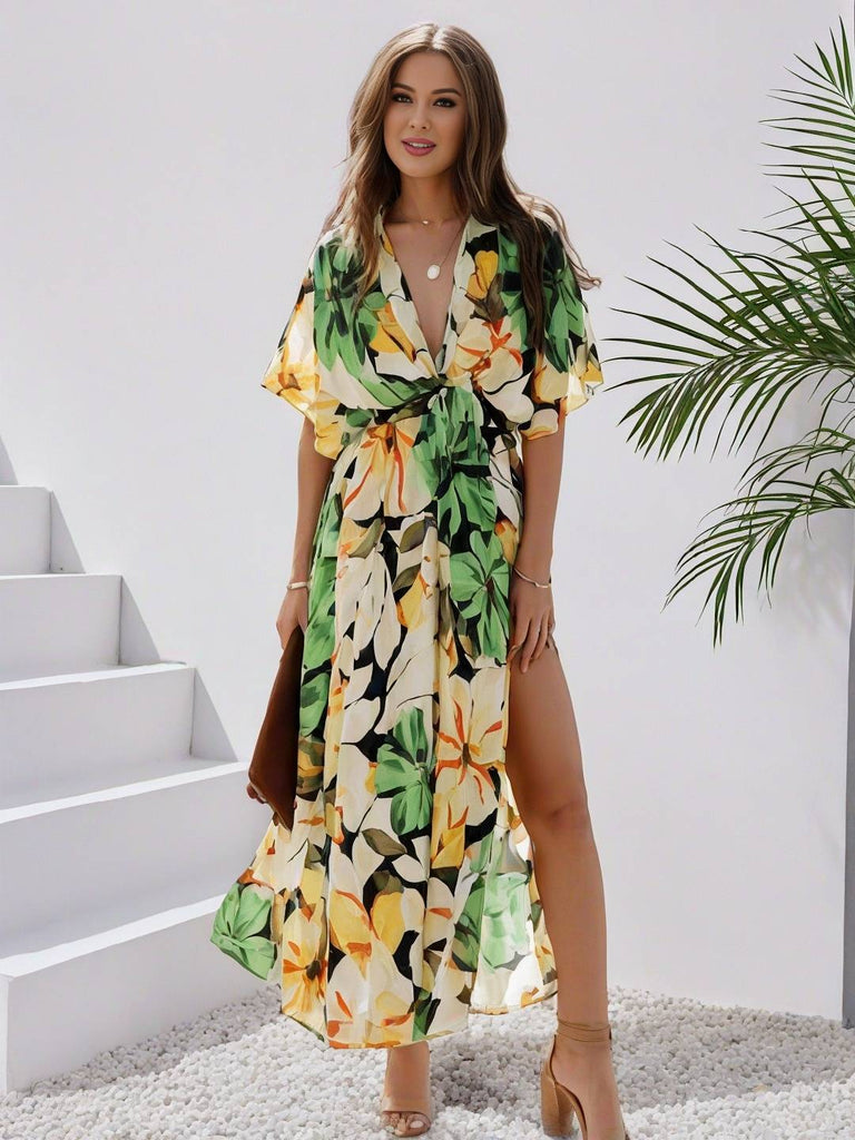 WW | Langes Bohemian Kleid mit Blumenmuster V-Ausschnitt Schlitz Ärmel Bis Zum Ellenbogen Damen Boho Casual Weit Hawaiiansches Strandkleid
