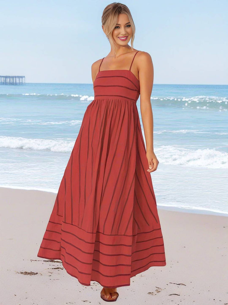 WW | Langes Gestreiftes Kleid mit Feinen Trägern Fließend Rückenfrei Ärmellos Casual Soft Weit Entspannt Damen Strandkleid