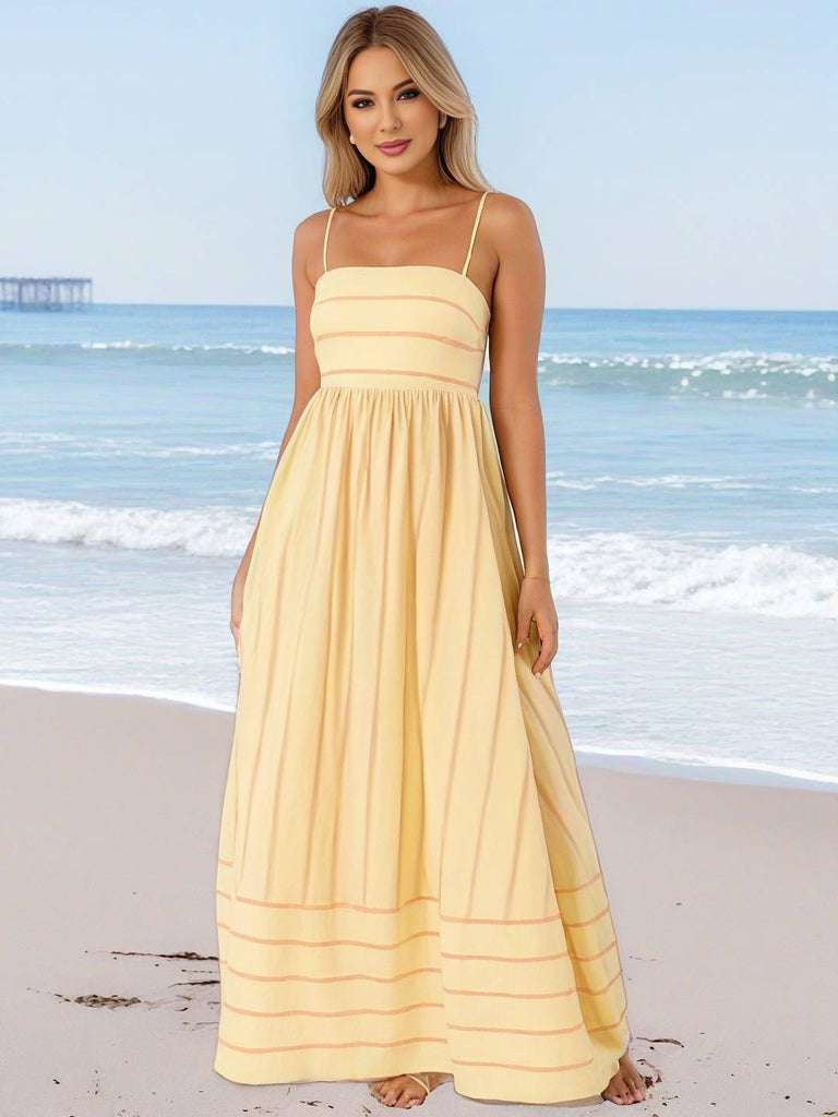 WW | Langes Gestreiftes Kleid mit Feinen Trägern Fließend Rückenfrei Ärmellos Casual Soft Weit Entspannt Damen Strandkleid