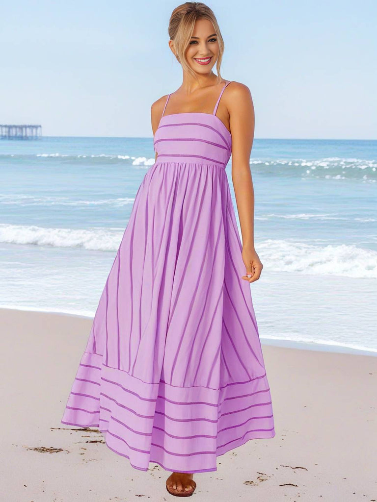 WW | Langes Gestreiftes Kleid mit Feinen Trägern Fließend Rückenfrei Ärmellos Casual Soft Weit Entspannt Damen Strandkleid