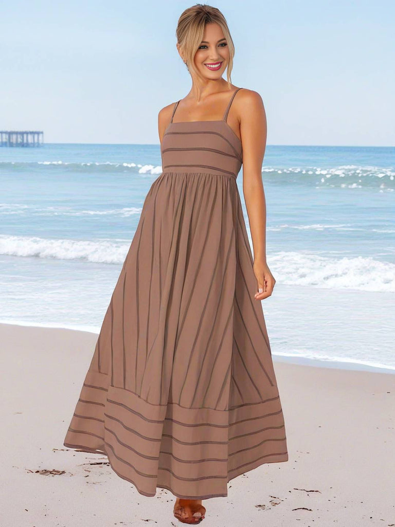 WW | Langes Gestreiftes Kleid mit Feinen Trägern Fließend Rückenfrei Ärmellos Casual Soft Weit Entspannt Damen Strandkleid