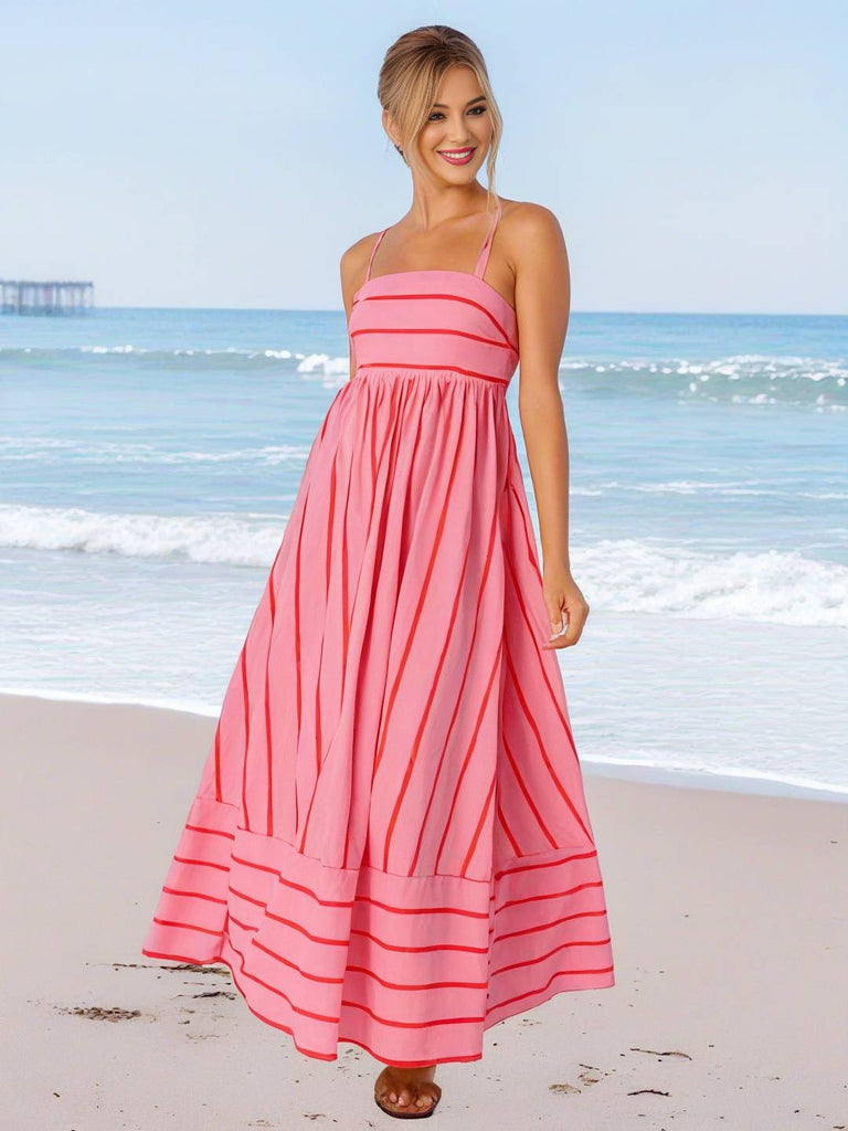 WW | Langes Gestreiftes Kleid mit Feinen Trägern Fließend Rückenfrei Ärmellos Casual Soft Weit Entspannt Damen Strandkleid