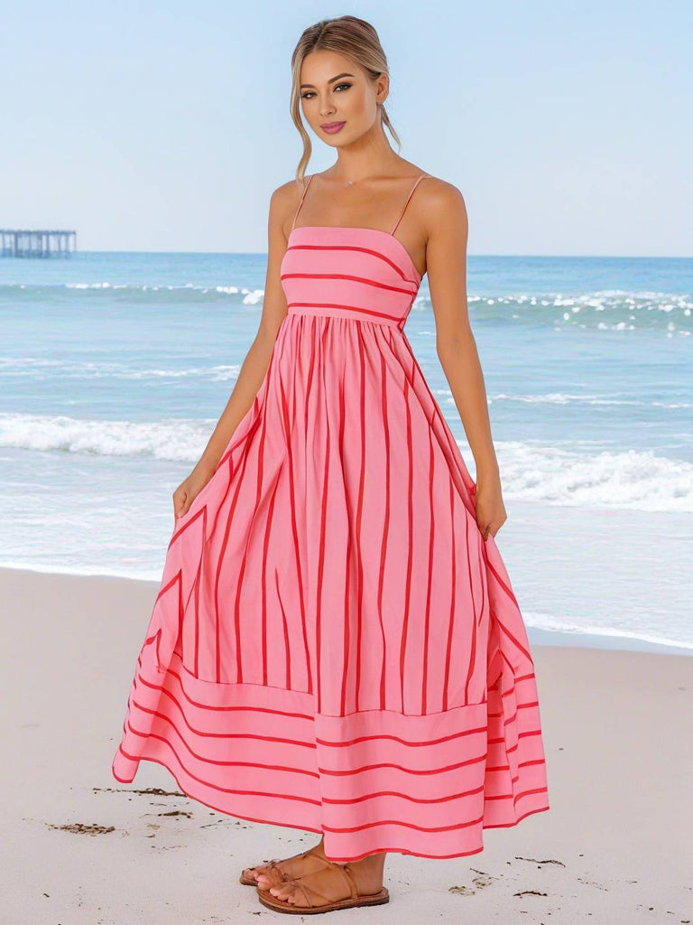 WW | Langes Gestreiftes Kleid mit Feinen Trägern Fließend Rückenfrei Ärmellos Casual Soft Weit Entspannt Damen Strandkleid