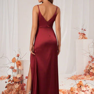 WW | Brautjungfernkleid Satin V-Ausschnitt Geteilter Rücken Ärmelloses Abendgast Hochzeitskleid